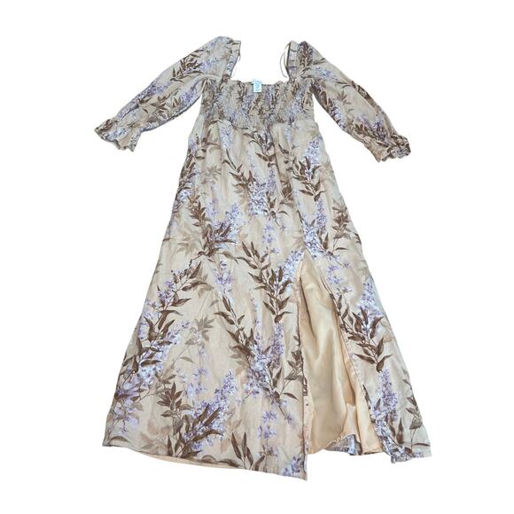 HOUSE OF HARLOW 1969 Linen Blend Midi Dress Size Medium Smocked Midi Peasant - Picture 1 of 7